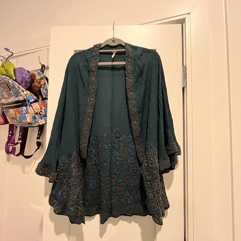 Free People Teal Embroidered Kimono